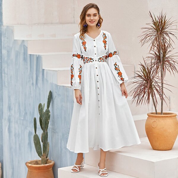 

Embroidered Detail Button Front Bishop Sleeve Dress, White