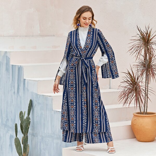 

Широкие брюки и кимоно с племенным принтом и поясом, Многоцветный