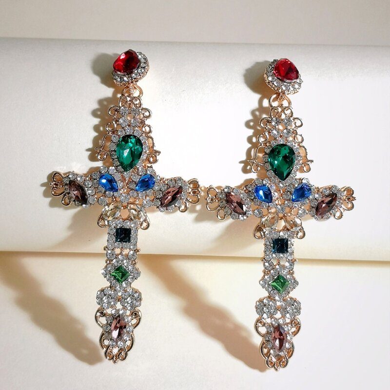 

1pair Rhinestone Pave Cross Earrings, Multicolor