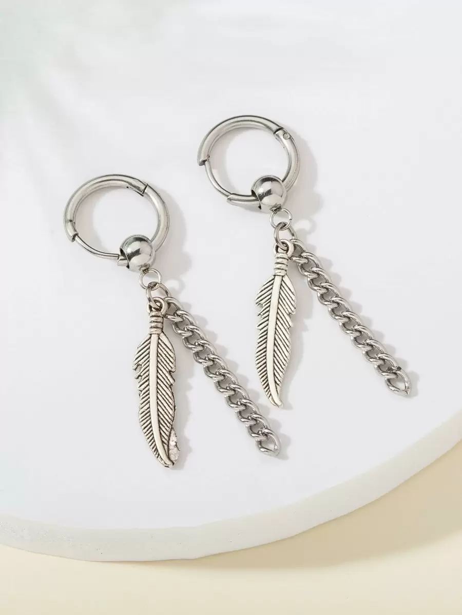 Thời trang và phổ biến 1 đôi bông tai hình chiếc lá & dây chuyền nam hợp kim để làm quà tặng trang sức và cho vẻ ngoài sành điệu - Bạc - Xem 1