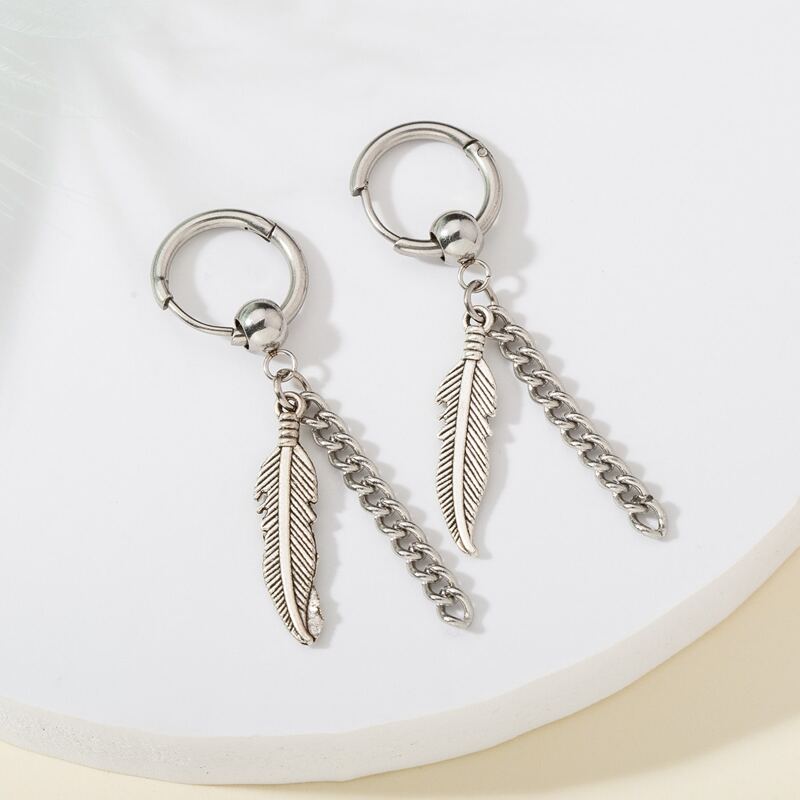 

1pair Guys Leaf & Chain Earrings, Silver