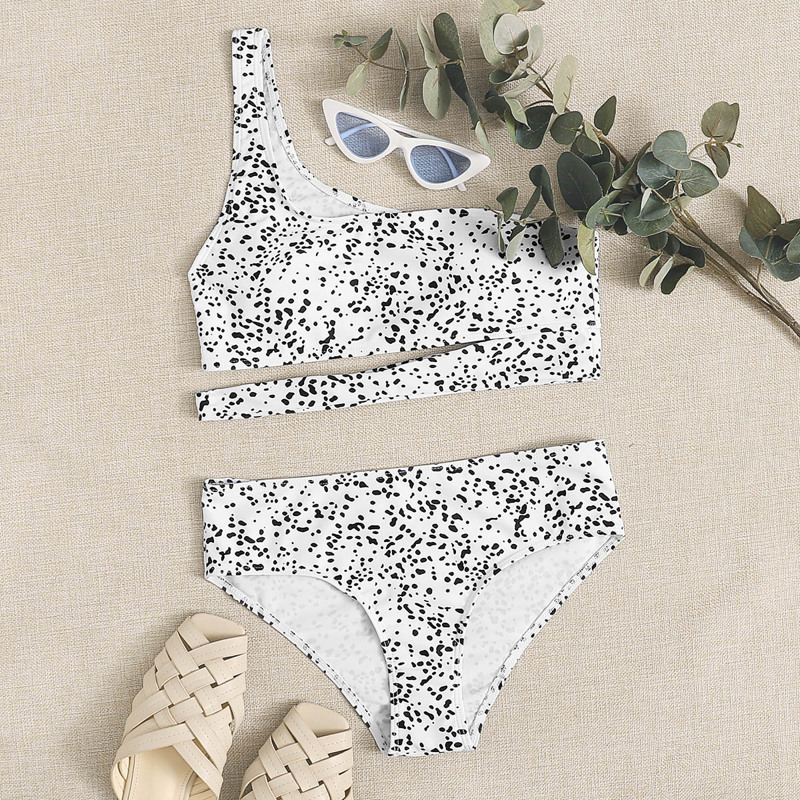 

Dalmatian One Shoulder Bikini Swimsuit, Black and white