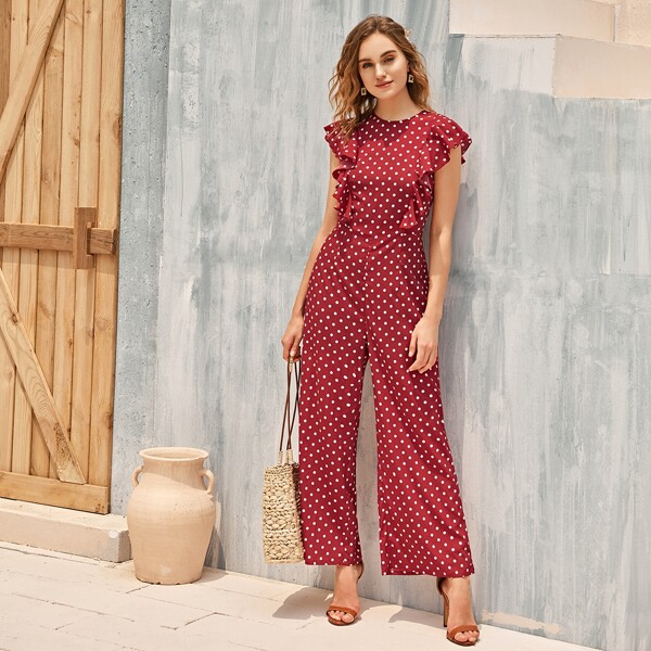 

Ruffle Armhole Polka Dot Palazzo Jumpsuit, Burgundy