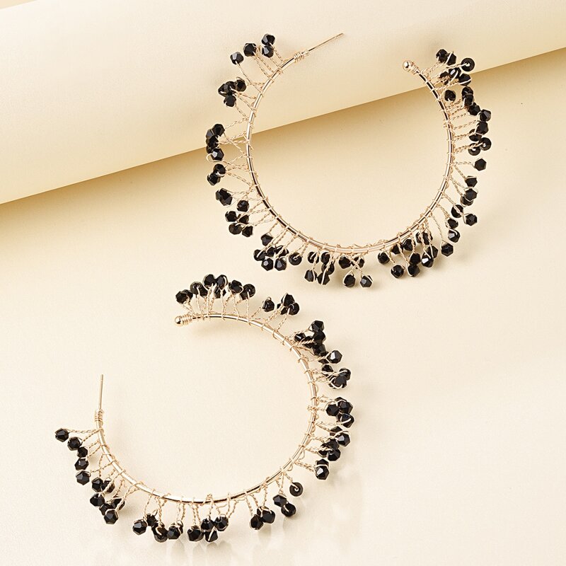 

1pair Beaded Hoop Earrings, Black