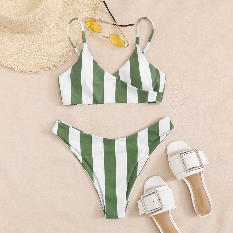 

Striped Wrap High Leg Bikini Swimsuit, Green