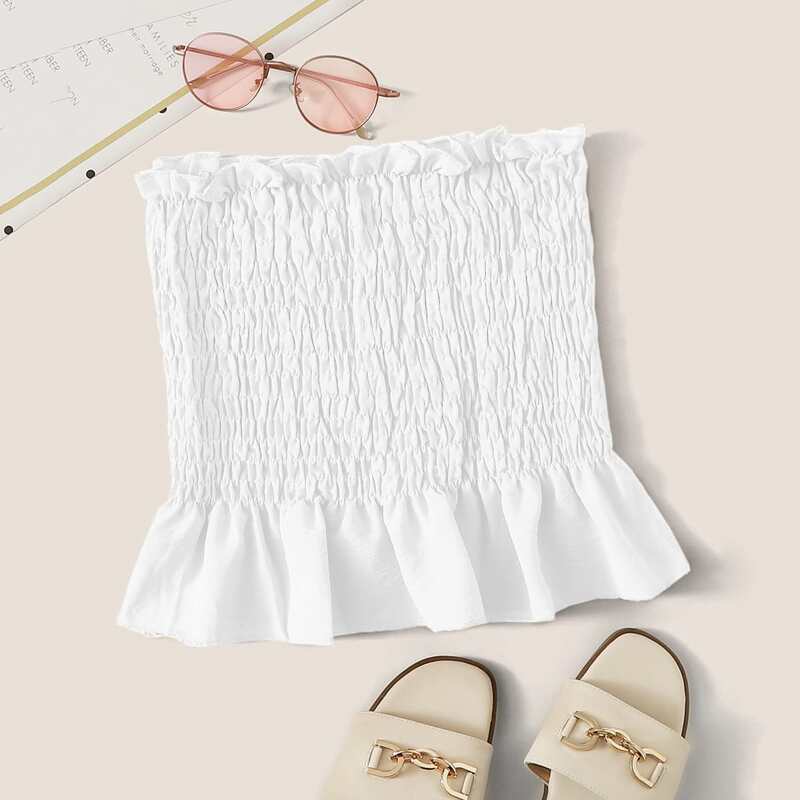 

White Shirred Ruffle Tube Top