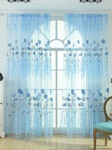 1入隨機印花玻璃紗優雅清新多色格紋窗簾 - 藍色 - 查看 1