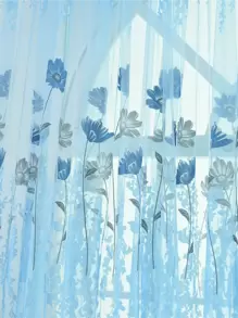 1入隨機印花玻璃紗優雅清新多色格紋窗簾 - 藍色 - 查看 4