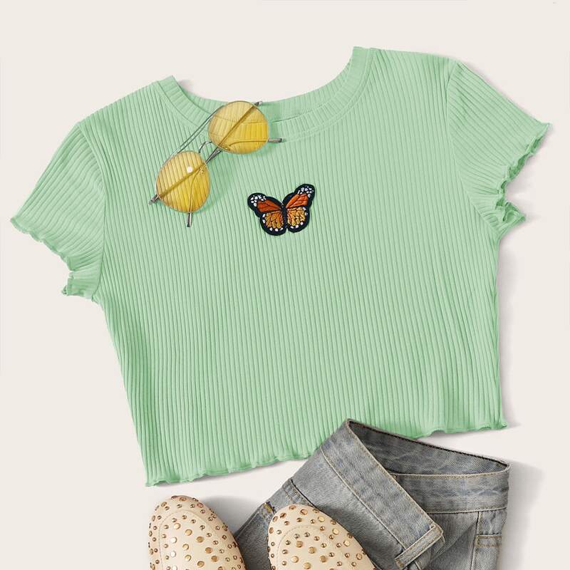 

Butterfly Embroidery Rib Crop Top, Green