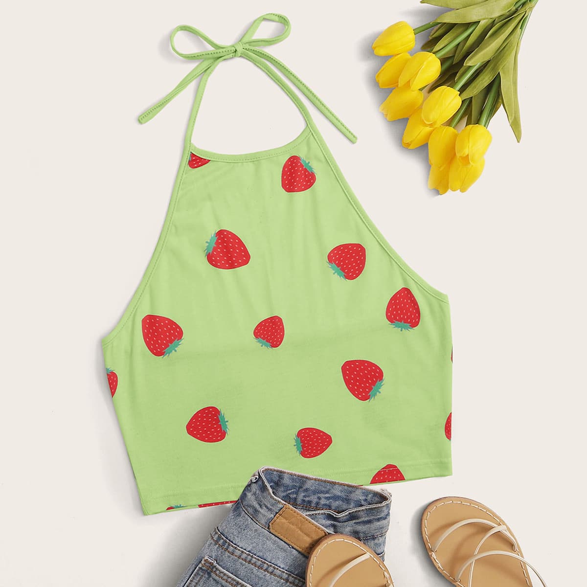 

Strawberry Allover Print Halter Top, Green