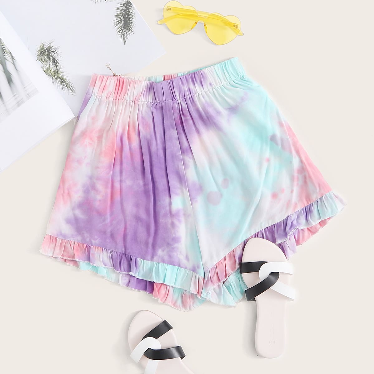 

Tie Dye Ruffle Hem Wide Leg Shorts, Multicolor