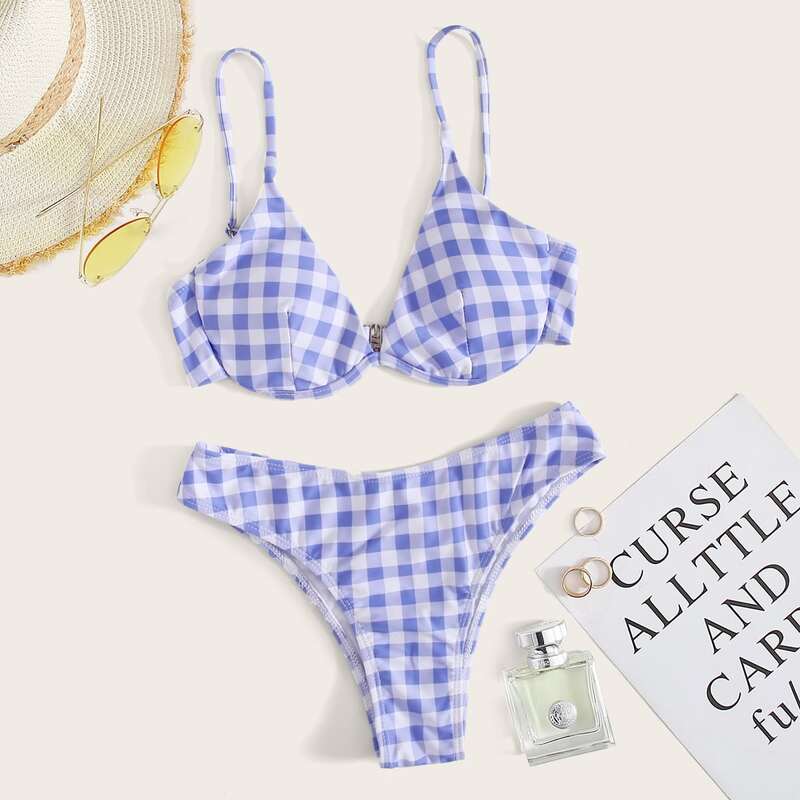 

Gingham High Leg Bikini Swimsuit, Blue