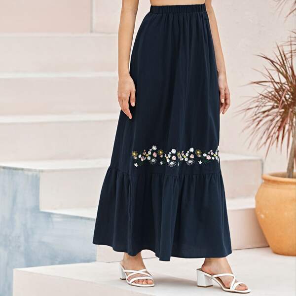 

Embroidered Floral Flounce Hem Maxi Skirt, Navy
