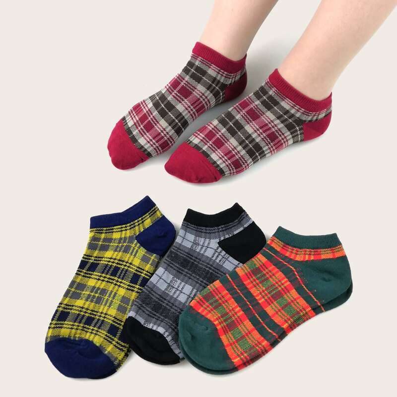 

4pairs Plaid Pattern Socks, Multicolor