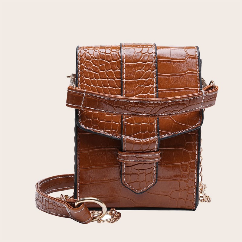 

Croc Embossed Flap Satchel Bag, Brown