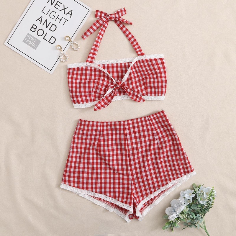 

Gingham Contrast Trim Backless Halter PJ Set, Red