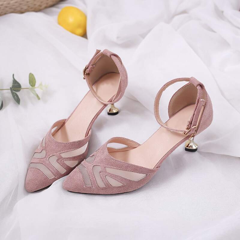 Point Toe Mesh Panel Suede Ankle Strap Heels, Pink