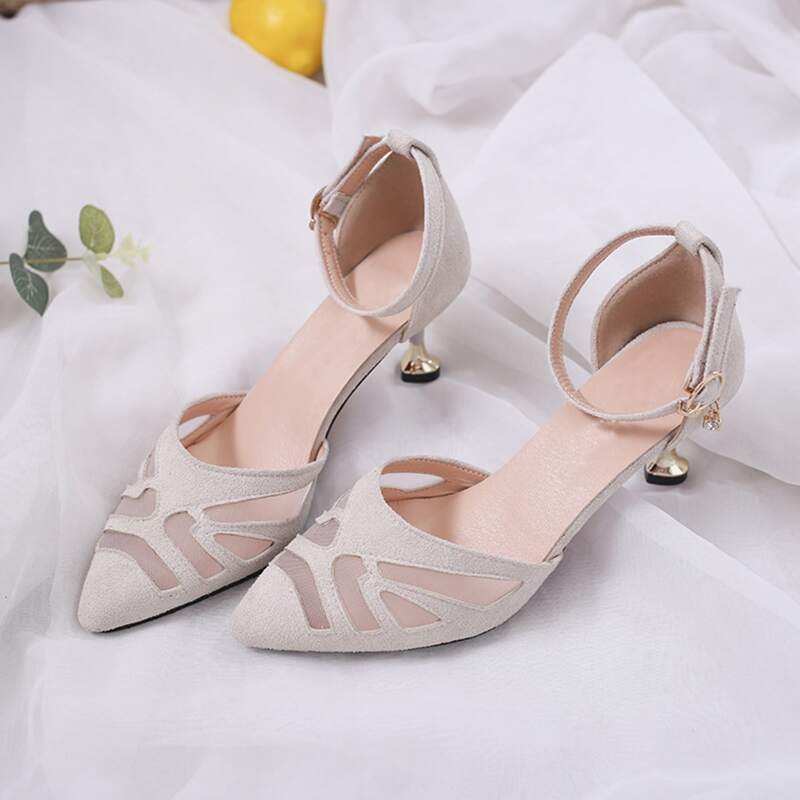

Point Toe Mesh Panel Suede Ankle Strap Heels, Beige