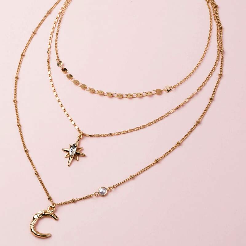 

Moon Charm Layered Necklace, Gold