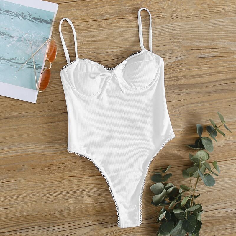 

Rib Contrast Trim Underwire One Piece Swimsuit, White