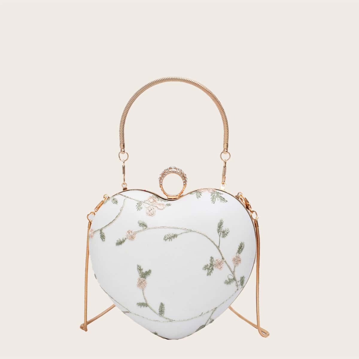 

Floral Embroidery Heart Shaped Satchel Bag, White