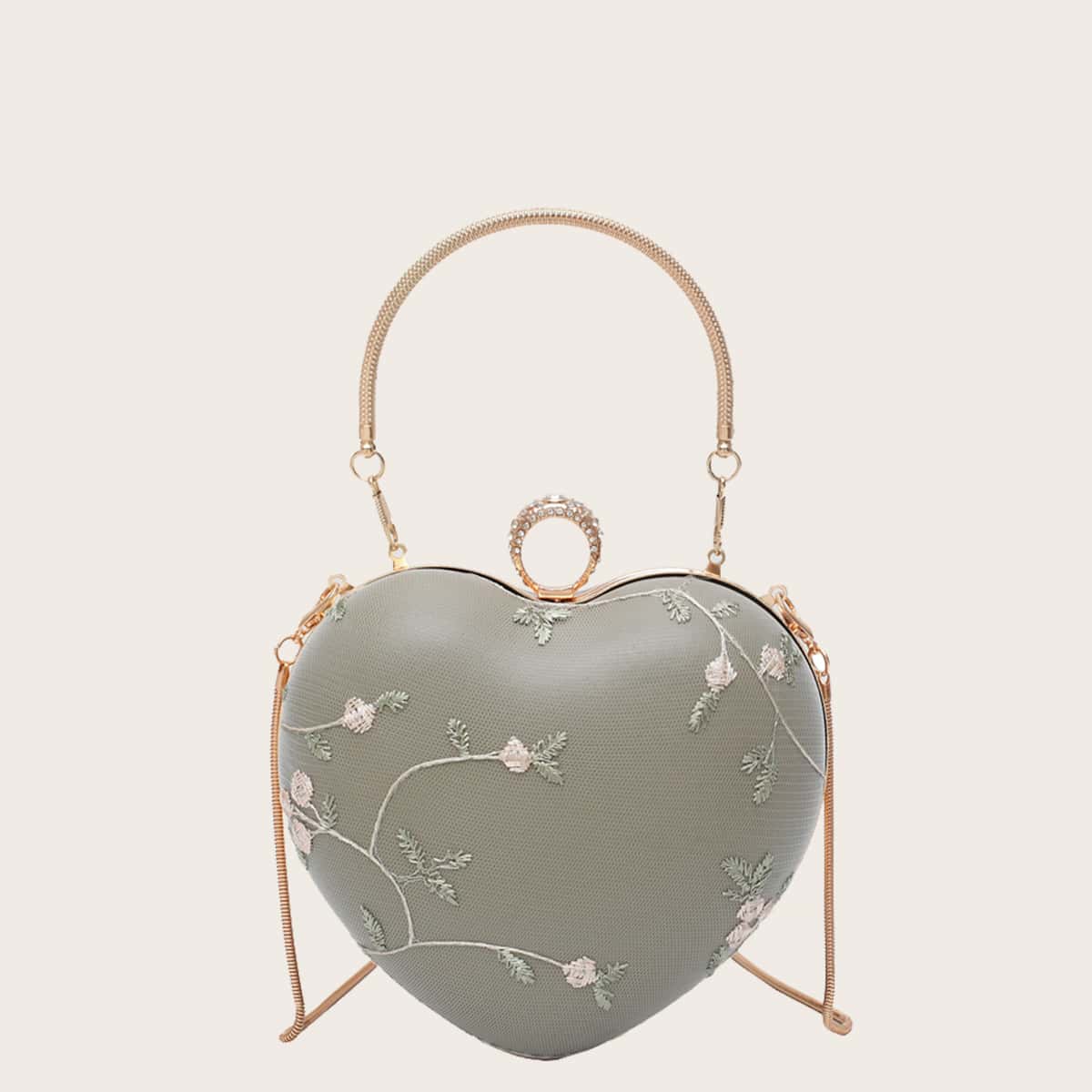 

Floral Embroidery Heart Shaped Satchel Bag, Army green
