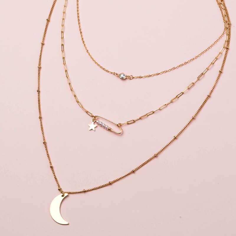 

Moon Charm Layered Necklace, Gold