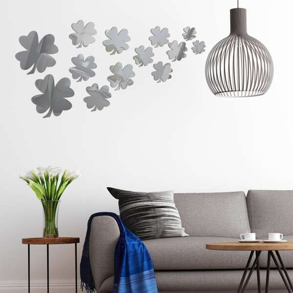 

13pcs Clover Shaped Mirror Wall Sticker, Silver