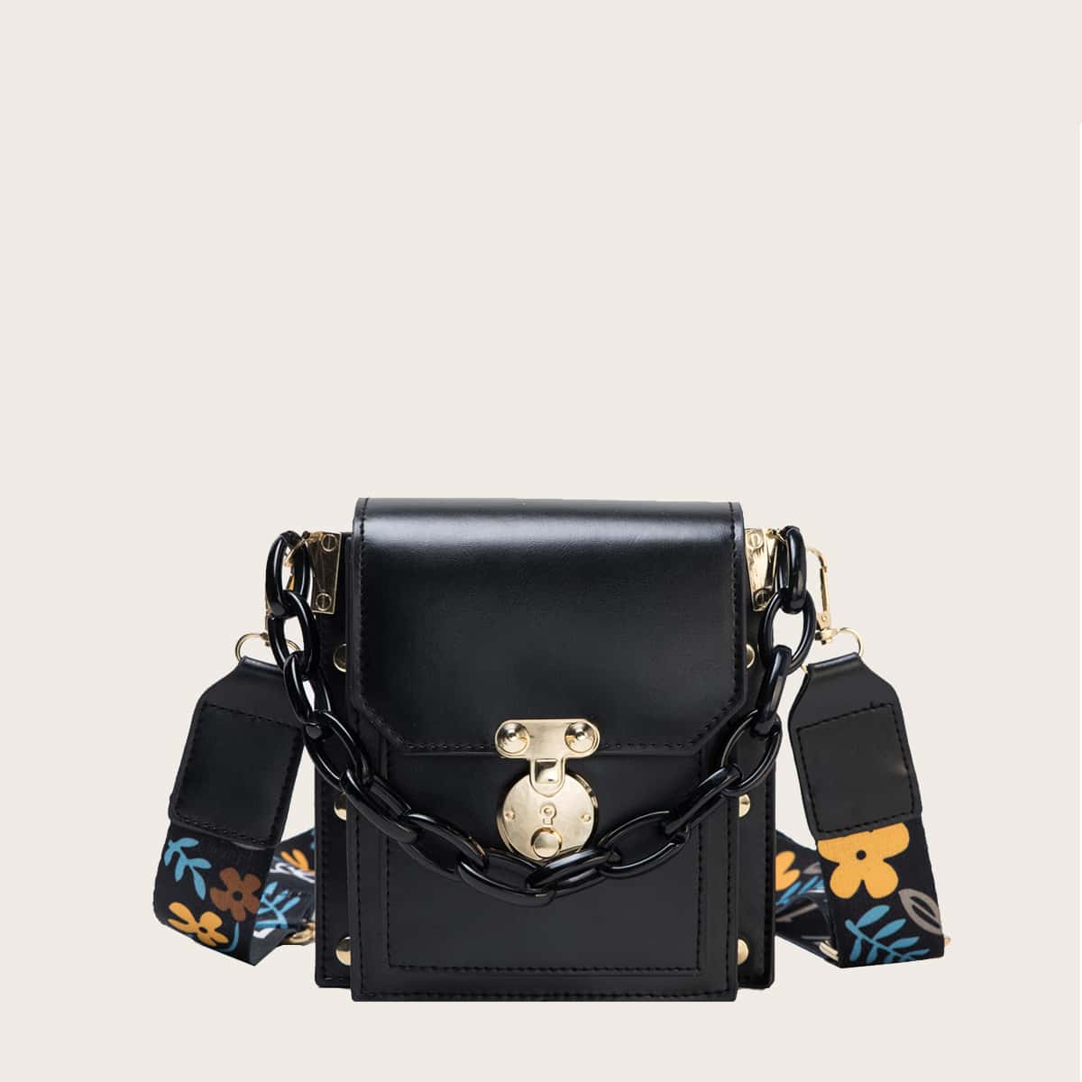 

Floral Graphic Flap Satchel Bag, Black
