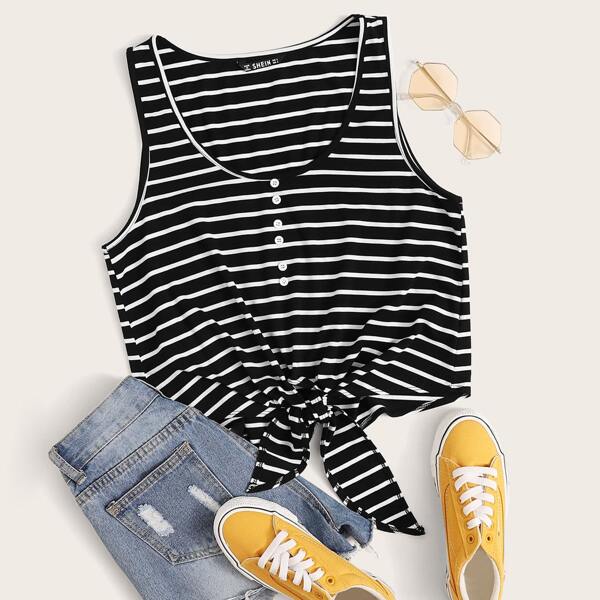 

Button Detail Tie Hem Striped Tank Top, Black