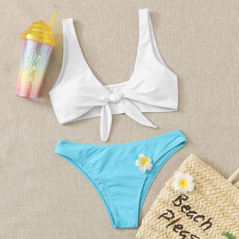 

Two Tone Tie Front Bikini Swimsuit, Multicolor