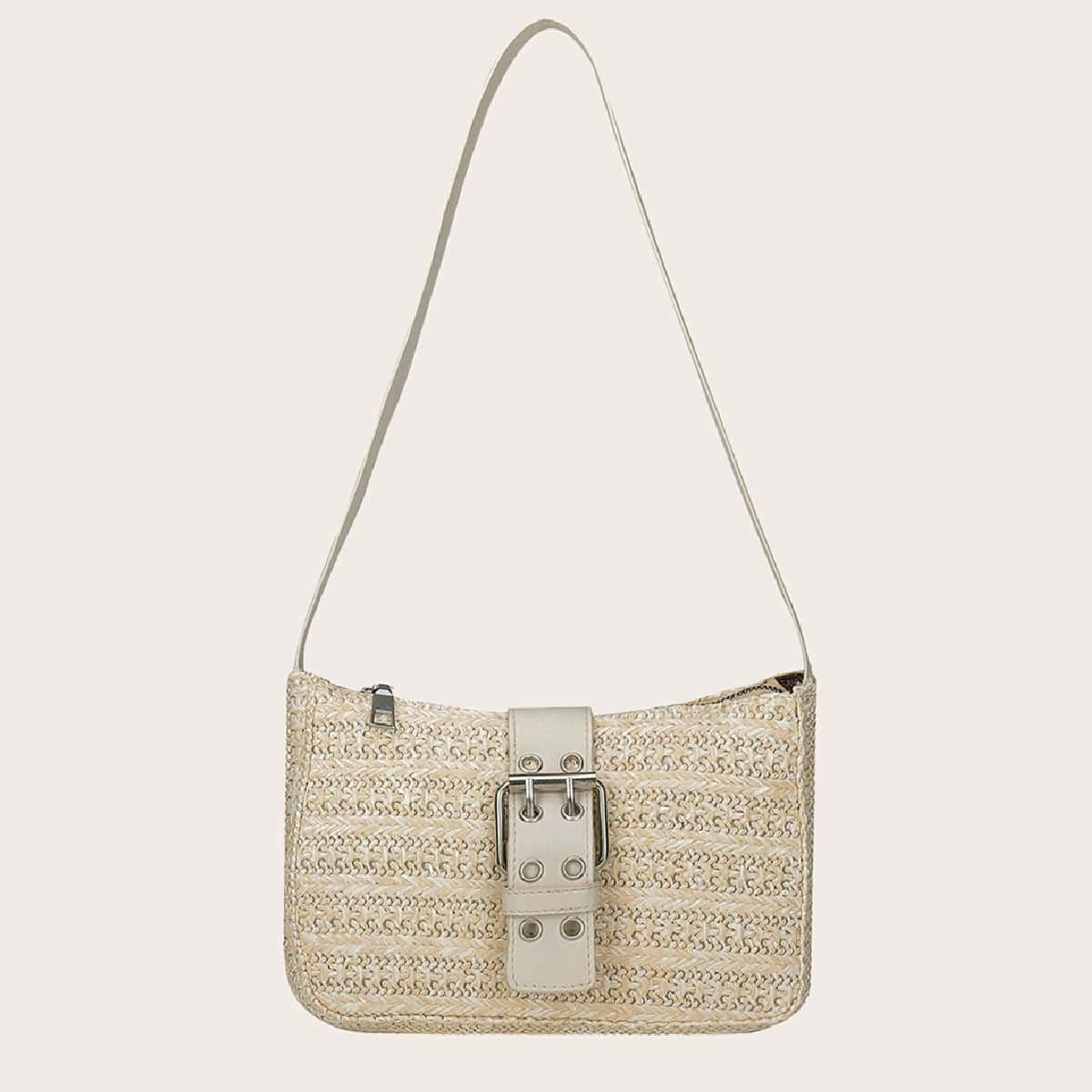 

Eyelet Buckle Decor Braided Tote Bag, Beige