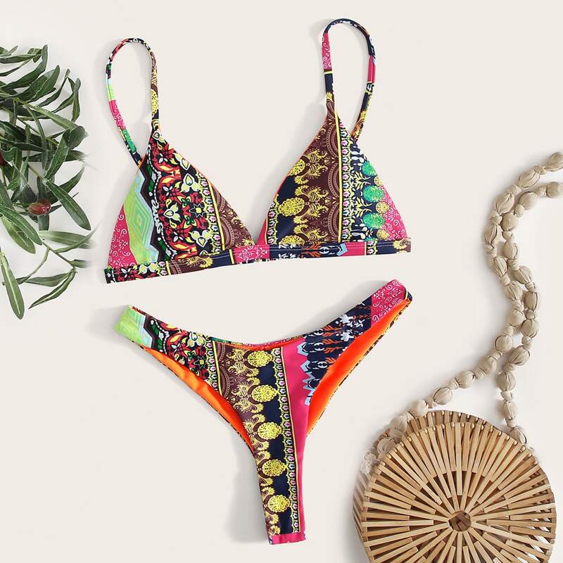 

Tribal Triangle High Leg Bikini Swimsuit, Multicolor