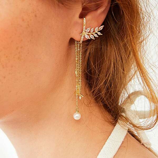 

1pair Rhinestone Engraved Faux Pearl Decor Earring Jackets, Gold