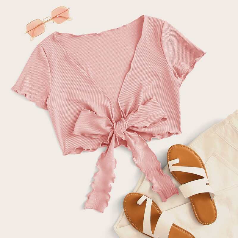 

Tie Front Lettuce Trim Pink Crop Top