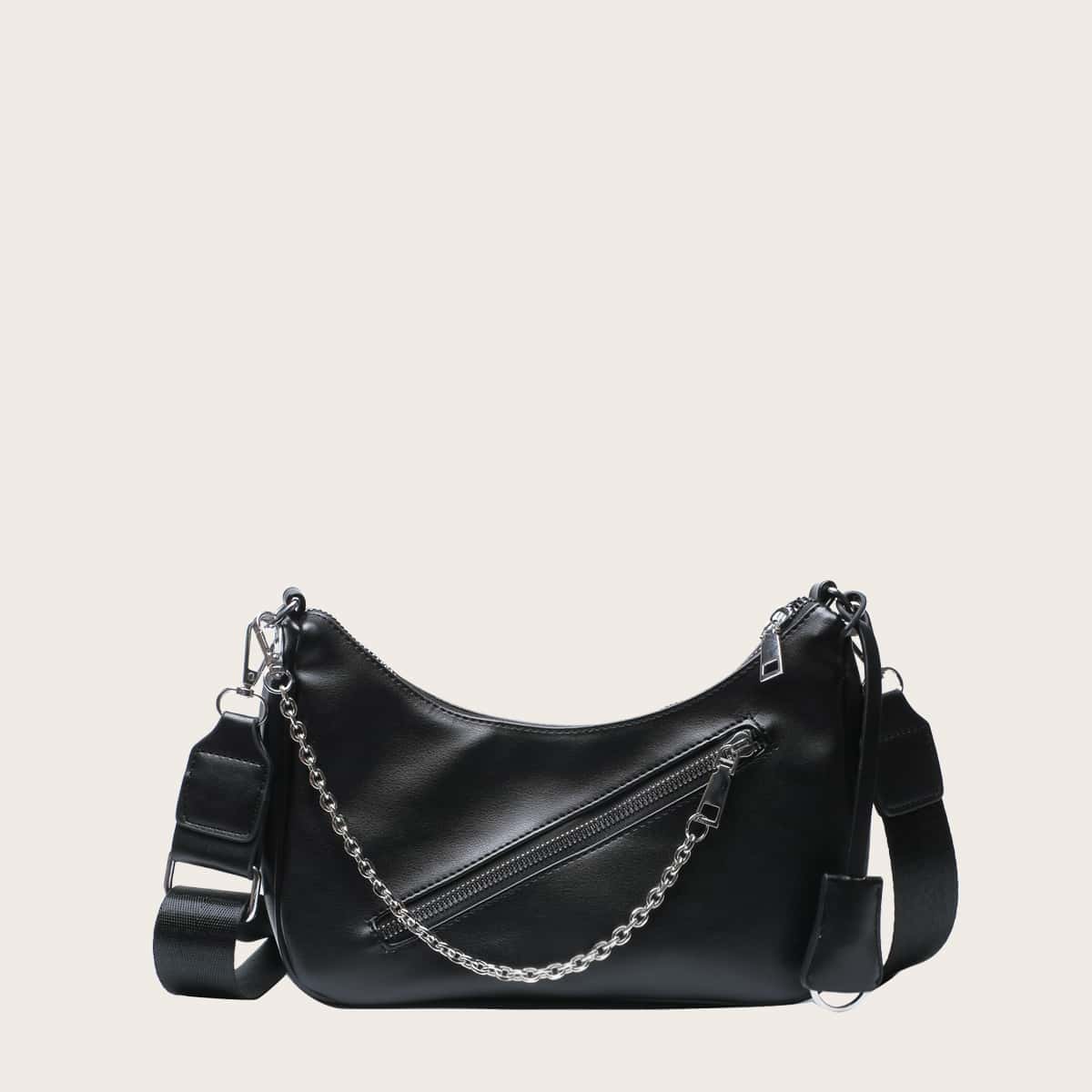

Plain Chain Decor Crossbody Bag, Black