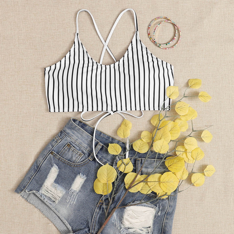 

Striped Tie Back Bikini Top, Black and white