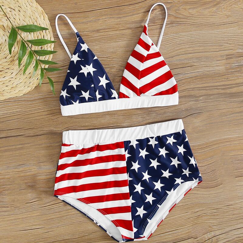 

American Flag Print Shorts Bikini Swimsuit, Multicolor