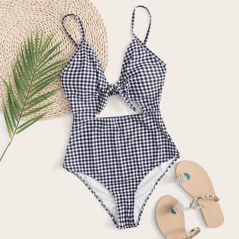 

Gingham Tie Front One Piece Swimsuit, Multicolor
