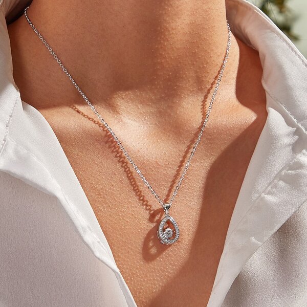 

1pc Rhinestone Decor Water Drop Charm Necklace, Silver