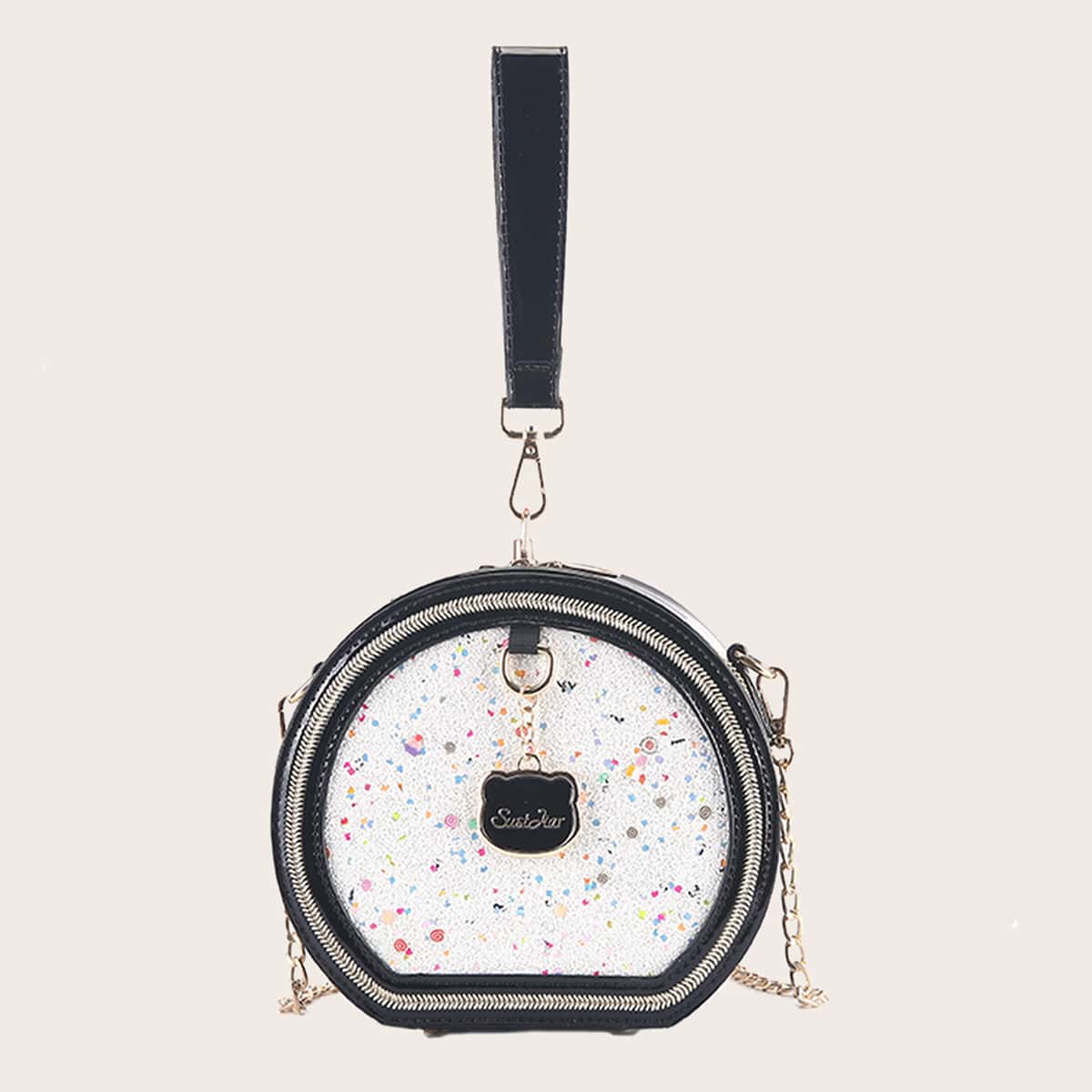 

Stitch Detail Flap Crossbody Bag, Black and white