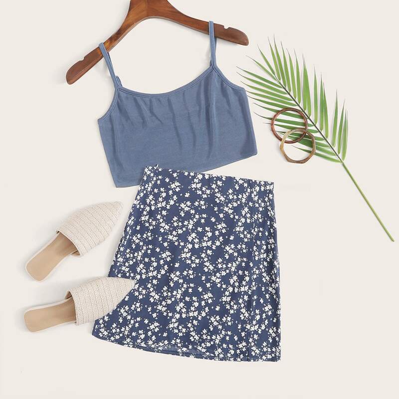 

Crop Cami & Ditsy Floral Skirt, Blue