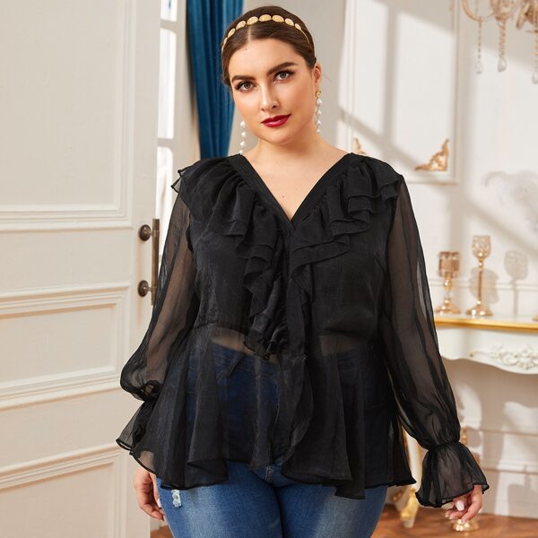

Plus Ruffle Trim Bell Sleeve Chiffon Peplum Top, Black