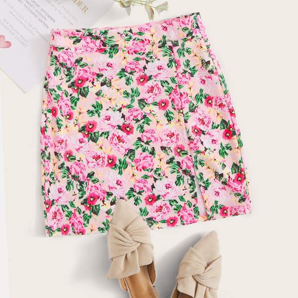 

Zipper Side Split Hem Floral Skirt, Multicolor