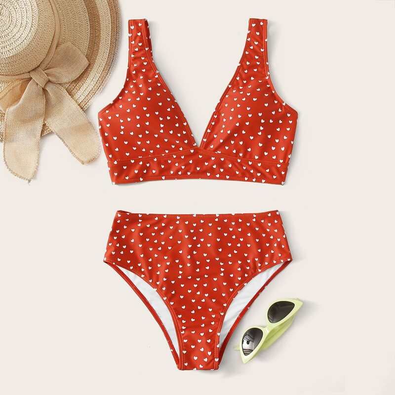 

Heart Print High Waisted Bikini Swimsuit, Red
