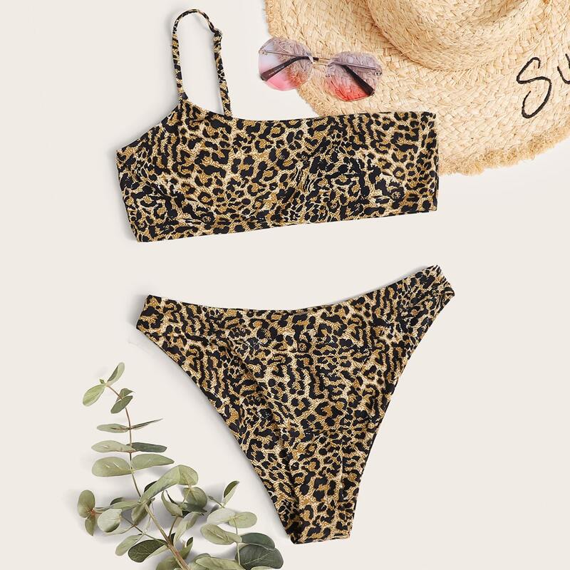 

Leopard One Shoulder Bikini Swimsuit, Multicolor