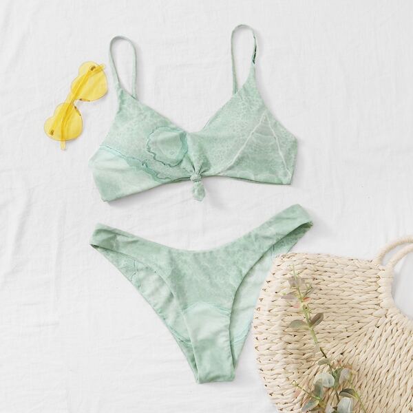 

Marble Pattern Knot Detail Bikini Swimsuit, Green