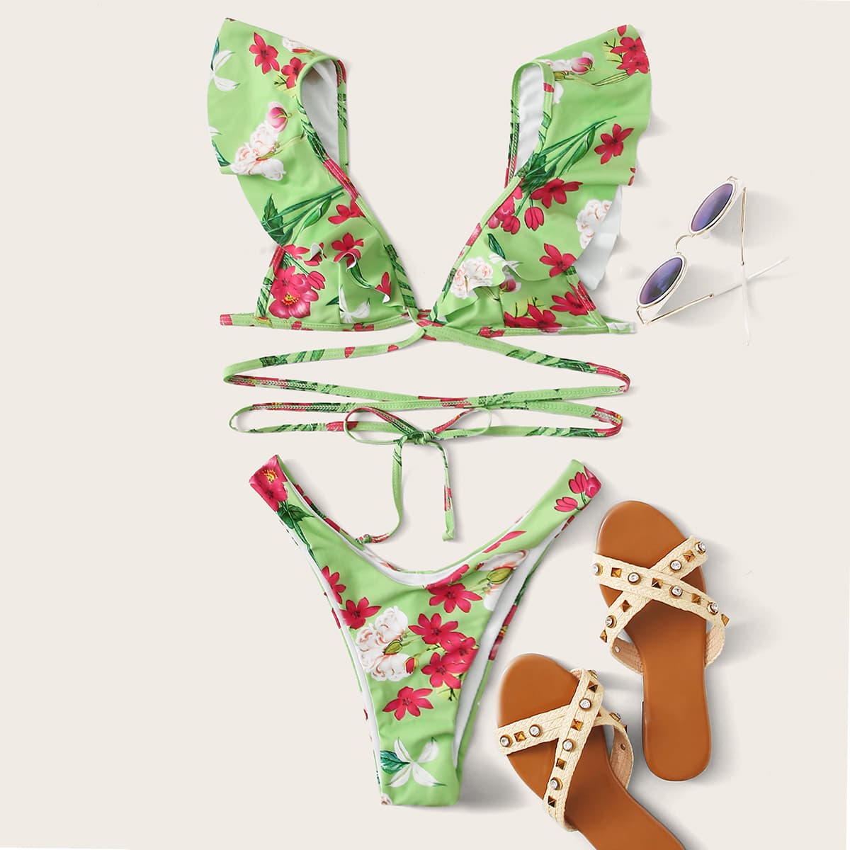 

Floral Ruffle Triangle High Cut Bikini Swimsuit, Green