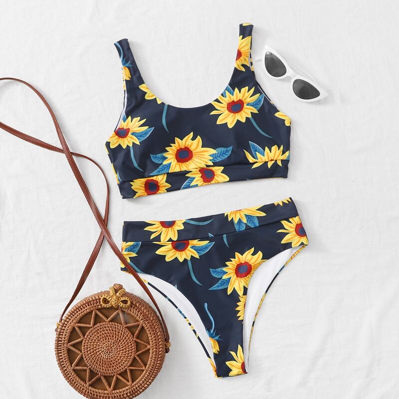 

Sunflower Print High Waisted Bikini Swimsuit, Multicolor