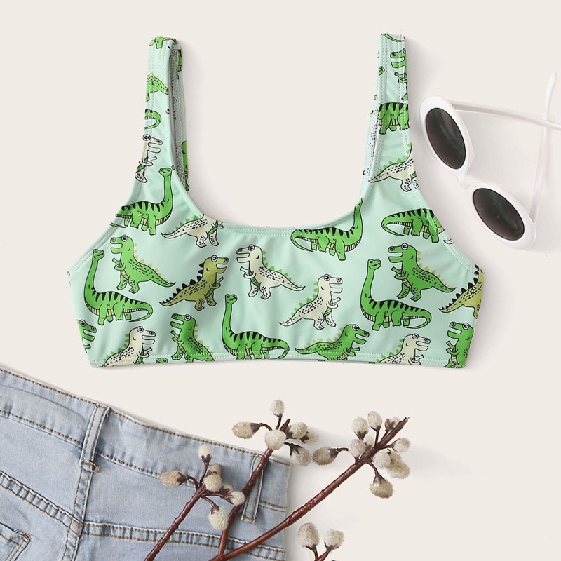 

Cartoon Dinosaur Bikini Top, Green